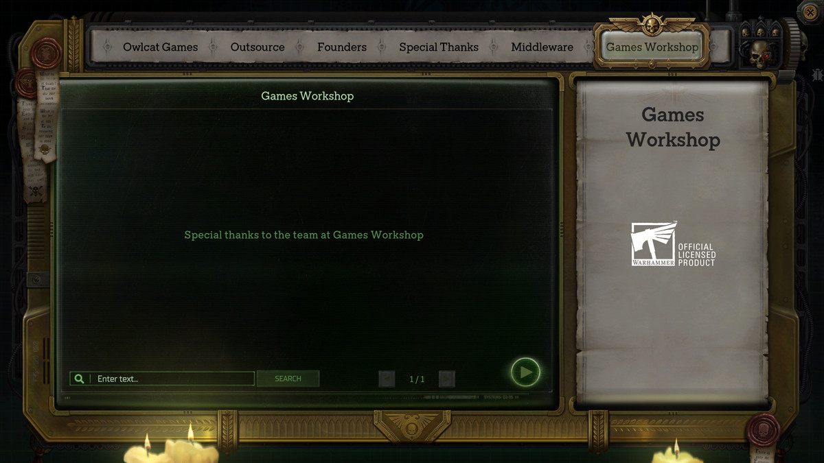 A screencap of Warhammer 40K: Rogue Trader that says “Special thanks to the team at Games Workshop”