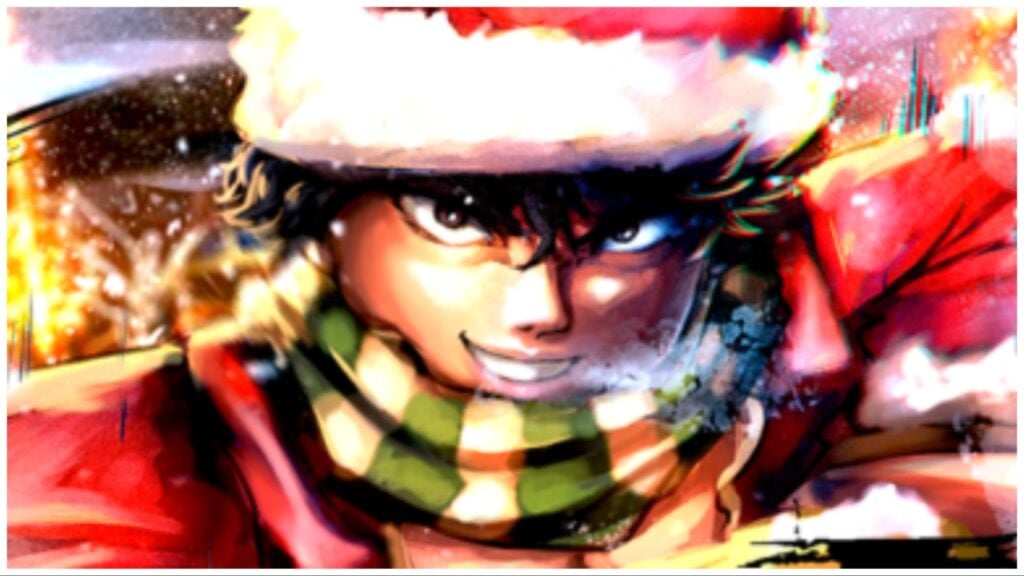 Das Bild zeigt eine gemalte Ikone im Roblox-Stil mit einem dunkelhaarigen Mann, der die komplette Weihnachtsmann-Ausrüstung (Mütze, Mantel) und einen grün-weiß gestreiften Schal trägt. Er hat ein Lächeln im Gesicht