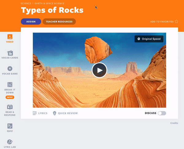 Flocabulary's Types of Rocks lesvideo, songteksten en hand-outs