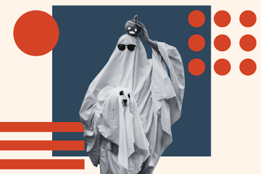 pazarlamacılar için cadılar bayramı kostümleri: hayalet gibi giyinmiş çalışan