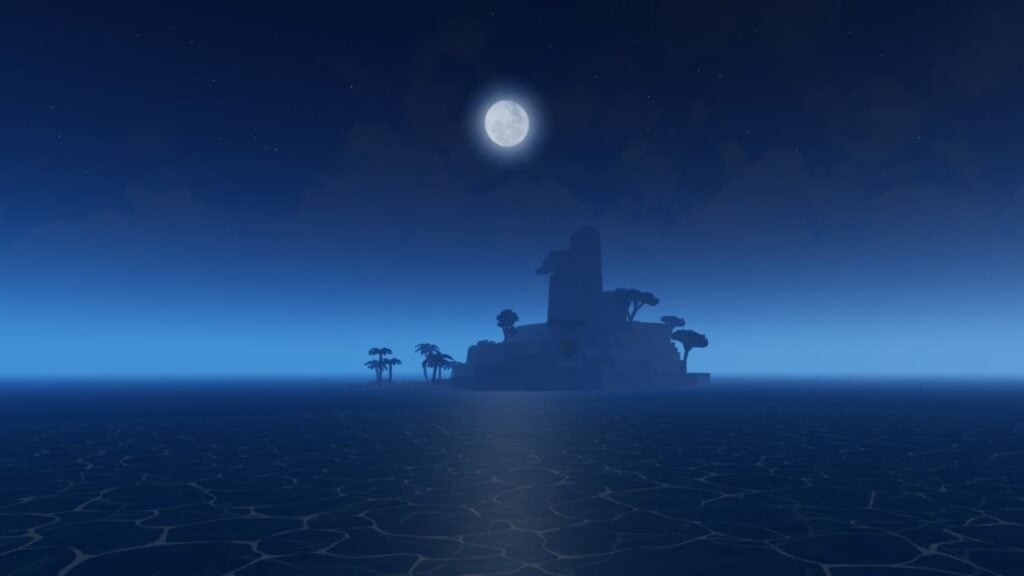 Feature-afbeelding voor onze A One Piece Game-zwaardengids. Het toont een eiland op zee in het donker met de maan erboven.
