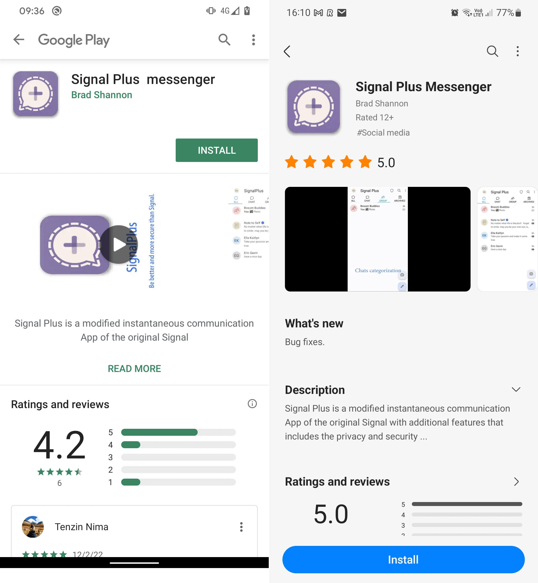 그림 2. Google Play(왼쪽) 및 Samsung Galaxy Store(오른쪽)에서 한때 사용 가능했던 악성 Signal Plus 메신저 앱