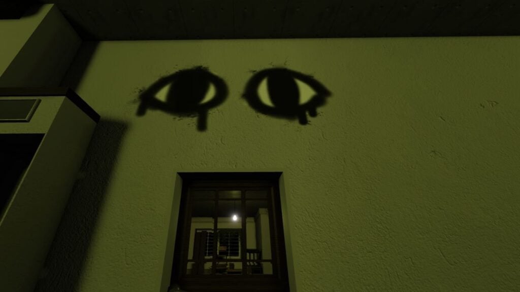 Imagen destacada de nuestra guía de fantasmas de Blair Roblox. Muestra una vista del juego de una pared, con ojos pintados.