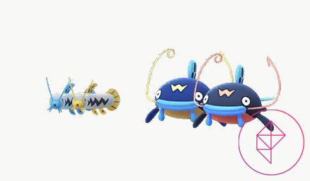 Shiny Barboach and Whiscash with their normal forms in Pokémon Go. Shiny Barboach has gold accents, and Whiscash has more orange-pink accents.
