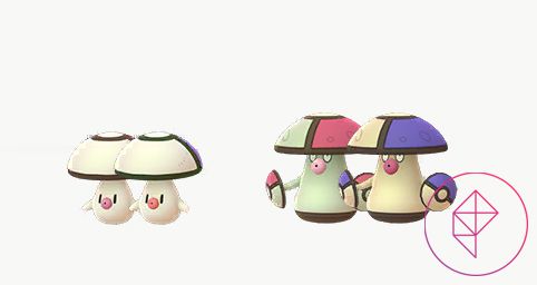 A comparison of regular and shiny Foongus and Amoongus in Pokémon Go. Both shinies get a purple cap instead of red.
