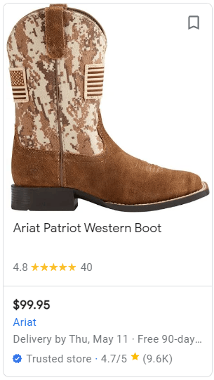 Un ejemplo de un listado de comerciante logrado por Ariat, que muestra una imagen grande de una bota occidental, calificación de 4.8 estrellas, fechas de entrega, confirmación de tienda confiable, precio y más.