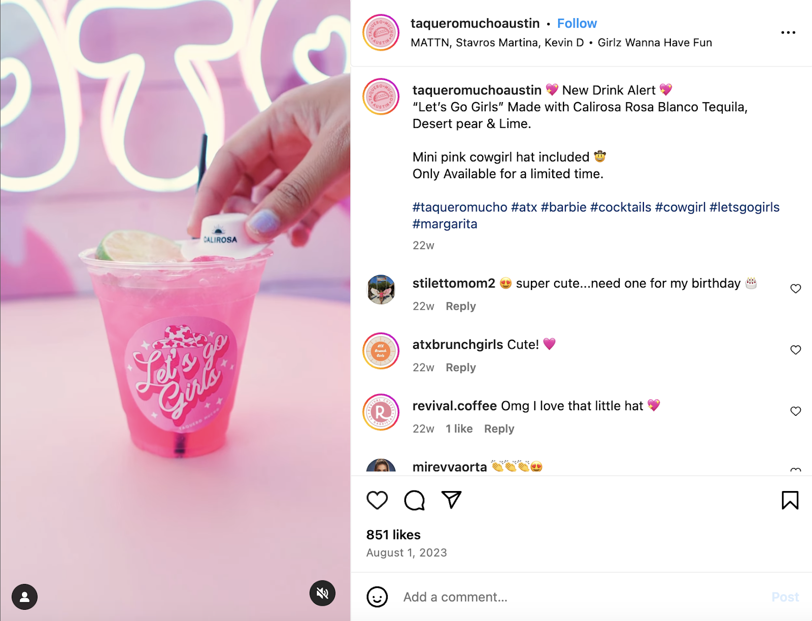 Ideas creativas de marketing: una bebida rosa con temática de Barbie de Taquero Mucho Austin.