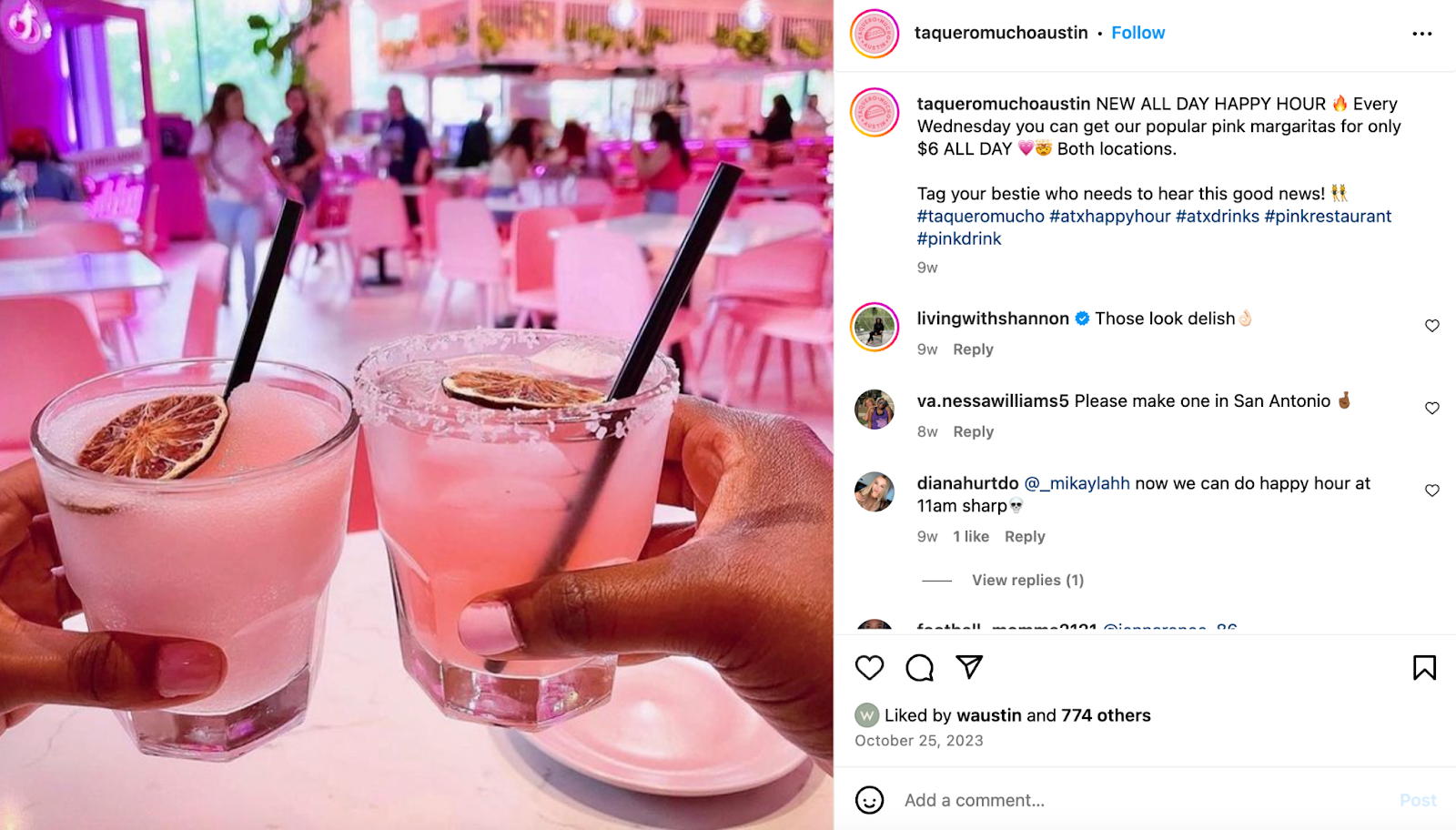 Ideas de marketing para restaurantes: Taquero Mucho, con sede en Austin, infunde su característico rosa en todo, desde sus mesas y sillas de comedor hasta sus margaritas.