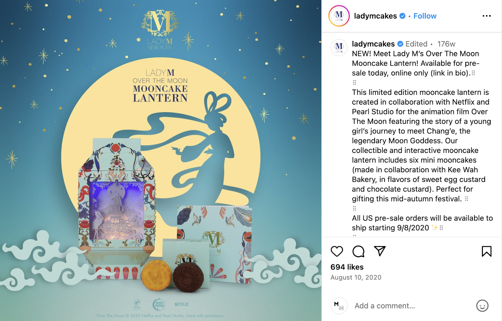 Idee per il marketing di un ristorante: il marchio di dessert Lady M ha creato una lanterna mooncake in edizione limitata in collaborazione con Netflix.