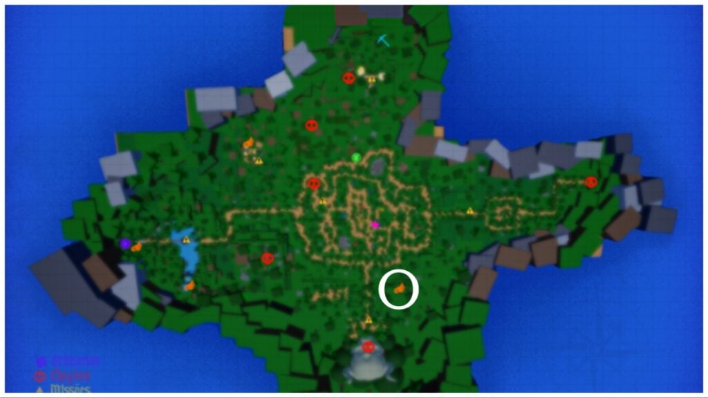 이미지는 흰색 원으로 표시된 빗자루 위치와 함께 그리모아 시대의 게임 맵을 보여줍니다.