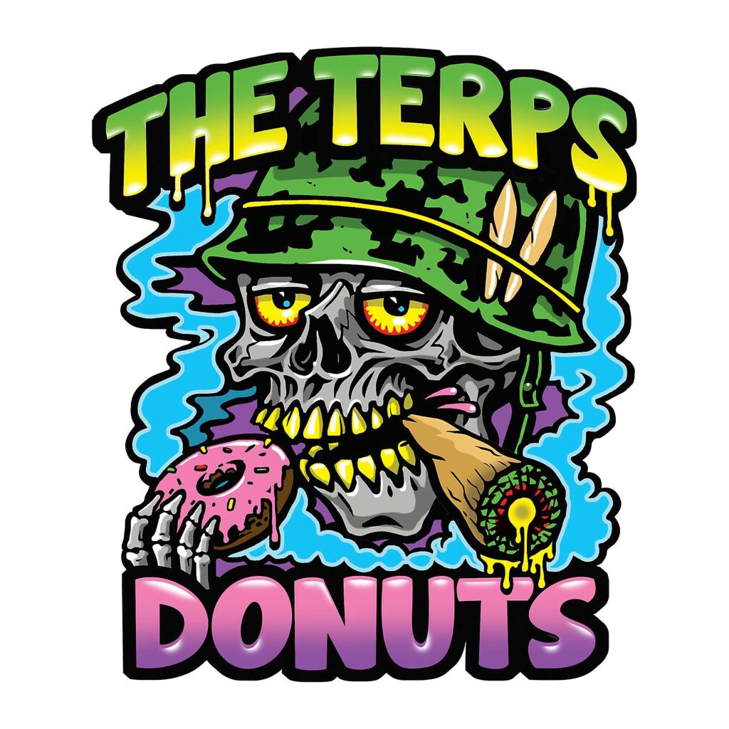 Le logo Terps Donuts avec crâne avec casque, beignet et joint