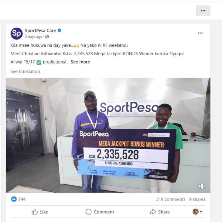Christine Adhiambo ganadora del bono Mega Jackpot