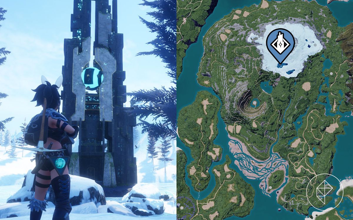 يقف Palworld أمام برج وسط الثلج ومعه خريطة توضح مكانه.