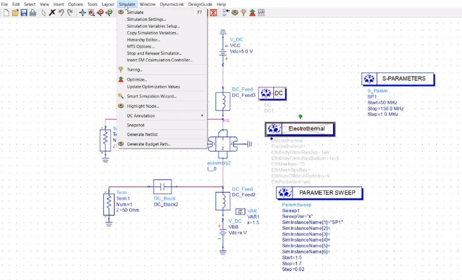 Fig. 4: Interfaz Design Cloud de Keysight con una API para reescalar, que muestra una configuración de simulación de circuito de RF para análisis de parámetros S y barridos de parámetros, optimizada para soluciones EDA en la nube llave en mano. Fuente: Vista clave