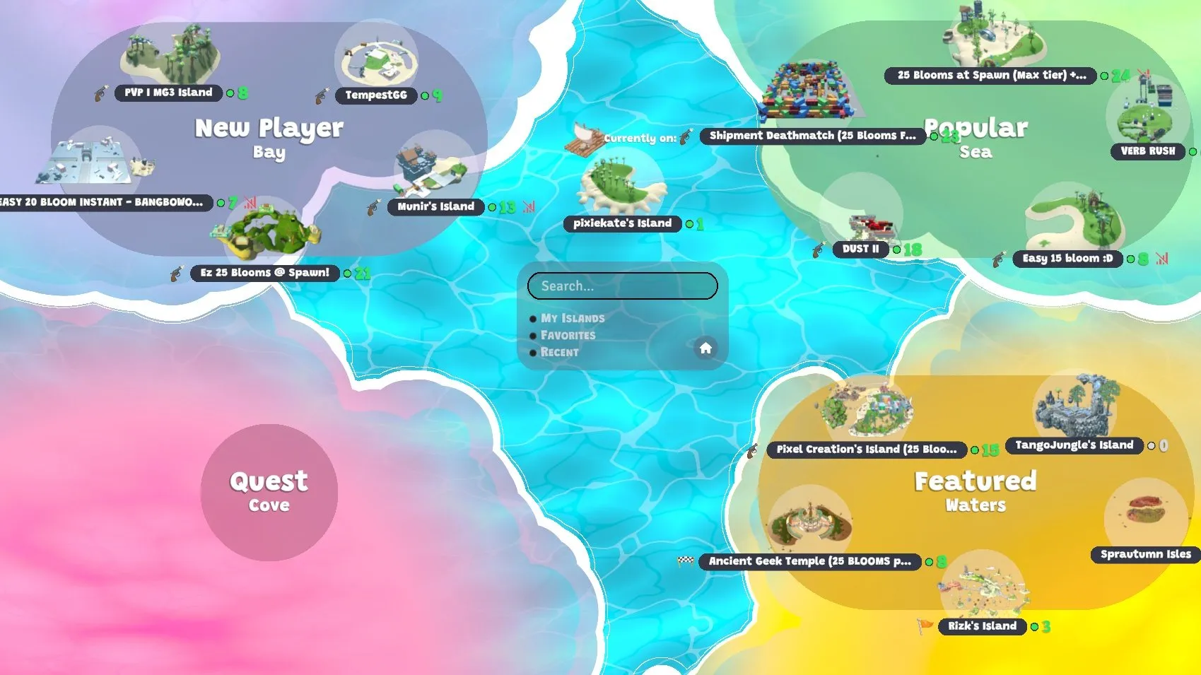 인기 있는 섬, '추천' 섬, 신규 플레이어를 위한 섬이 포함된 지도를 보여주는 게임 스크린샷.