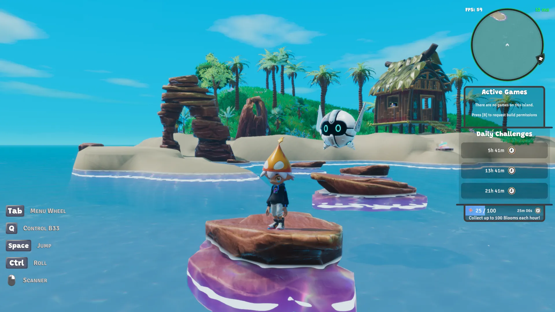 Captura de pantalla de Nifty Island que muestra una isla renderizada en 3D con formaciones rocosas en arco y escalones de roca en el agua. Sobre una de las rocas hay un pequeño personaje con sombrero y un robot flotante.