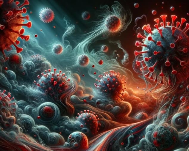 Artistieke afbeelding van meerdere virussen in een vloeiende, turbulente omgeving die interageren met menselijke cellen