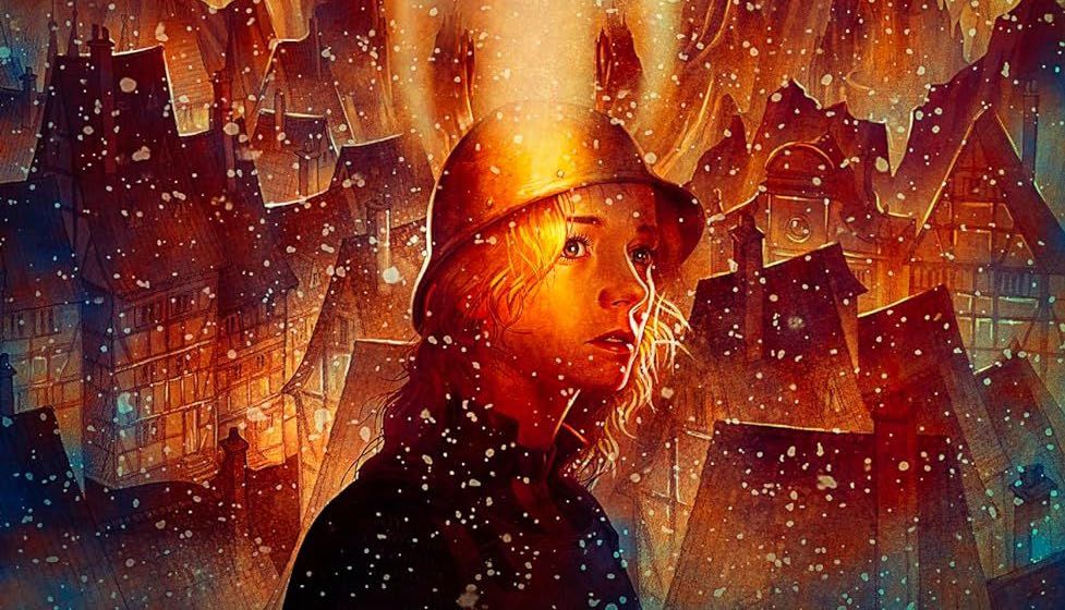 A detail from the UK cover of Terry Pratchett’s Discworld novel The Fifth Element, with a young person with shaggy hair and a rounded helmet positioned in front of a town brightly lit by orange, fiery light