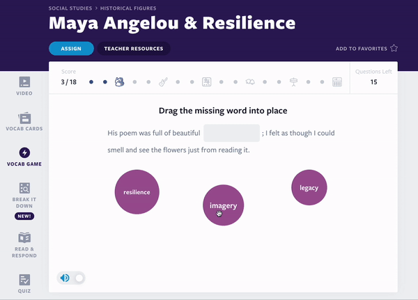Jeu de vocabulaire sur l'histoire des Noirs de Maya Angelou