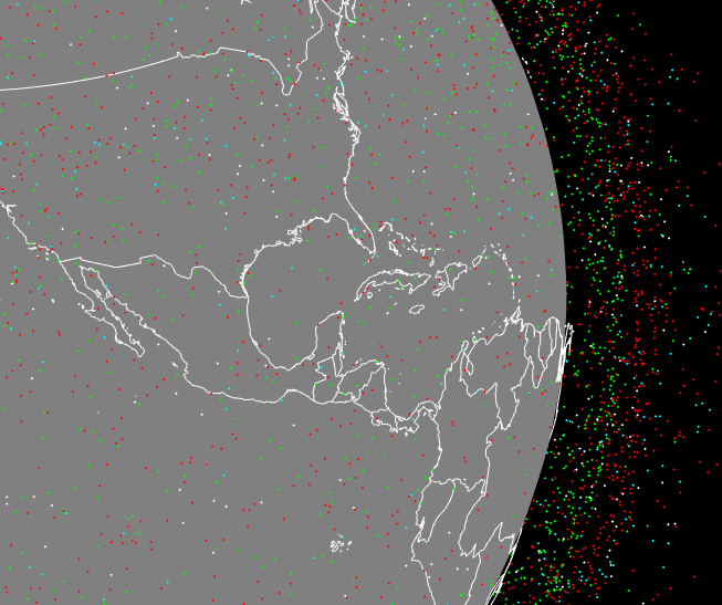 アニメーションは、宇宙から見た地球のイラストを示しています。小さな赤、緑、シアン、白の点がその周りに群がっており、地球の周りを周回する物体を表しています。