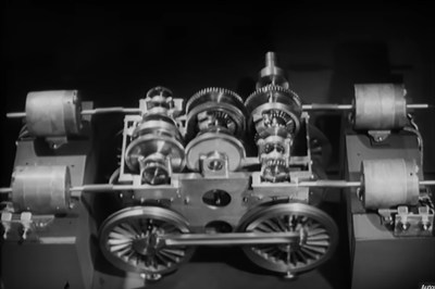 Een model van een versnellingsbak, in zwart-wit.
