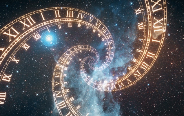 Imagem do artista mostrando algarismos romanos como você veria no mostrador de um relógio espiralando ao longe contra um fundo estrelado