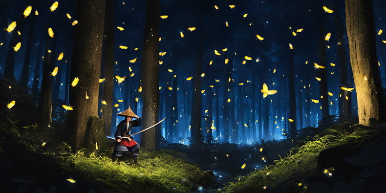 Dibujo de un samurái en un bosque con luciérnagas.