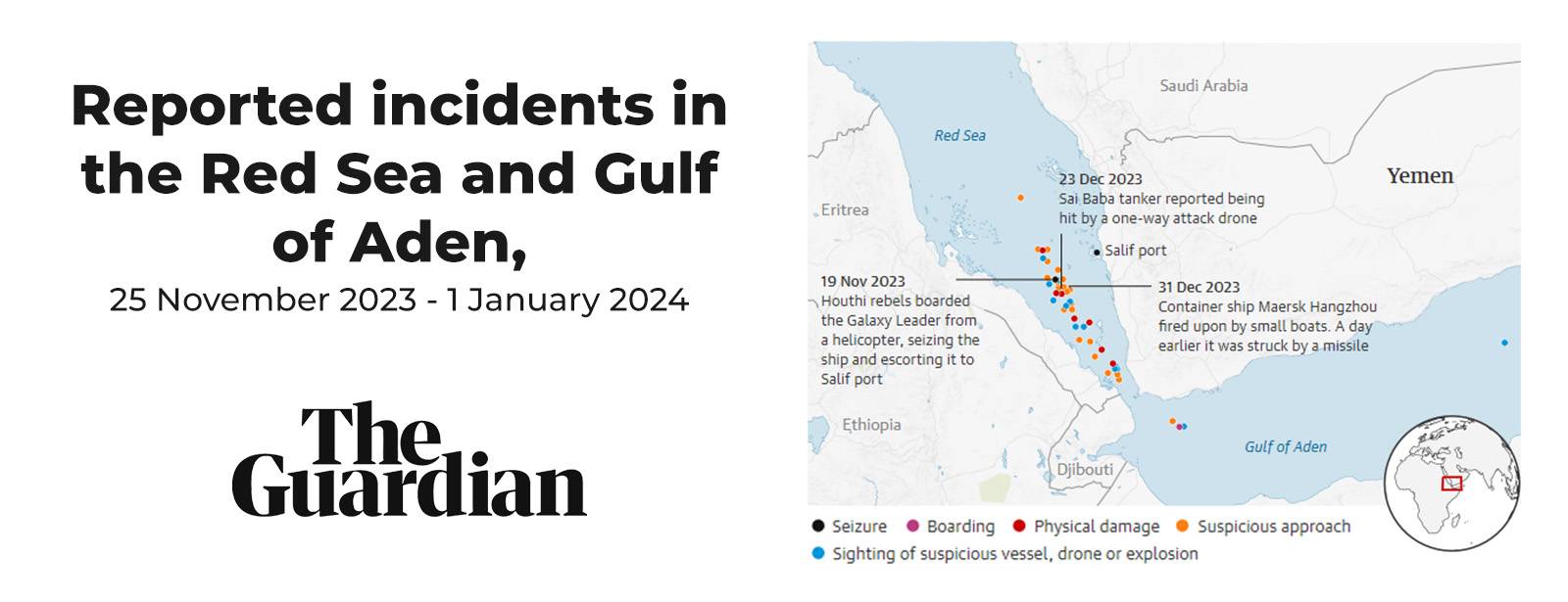 Gerapporteerde incidenten in de Rode Zee en de Golf van Aden