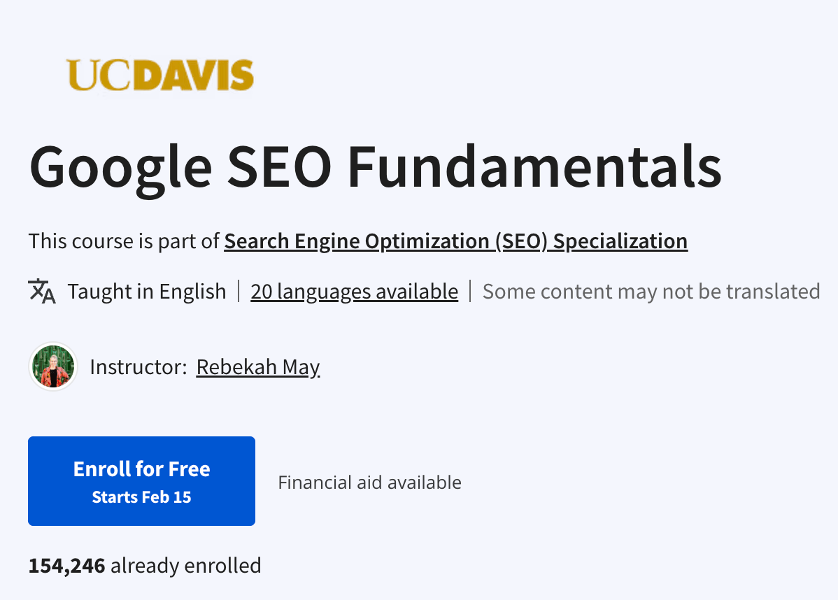 Coursera에서 UC Davis가 제공하는 Google SEO 기초