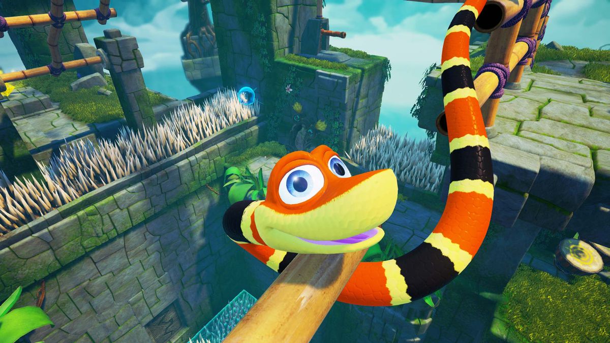 Noodle the Snake coils around a bamboo structure over a pit of spikes in a screenshot from Snake Pass