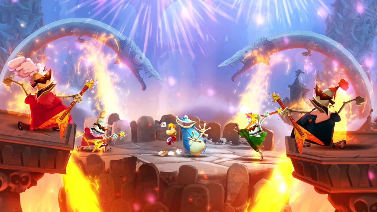 Rayman en Globox poseren op een stenen platform terwijl een kwartet vliegende V-gitaarspelende rock om hen heen rockt in een screenshot van Rayman Legends