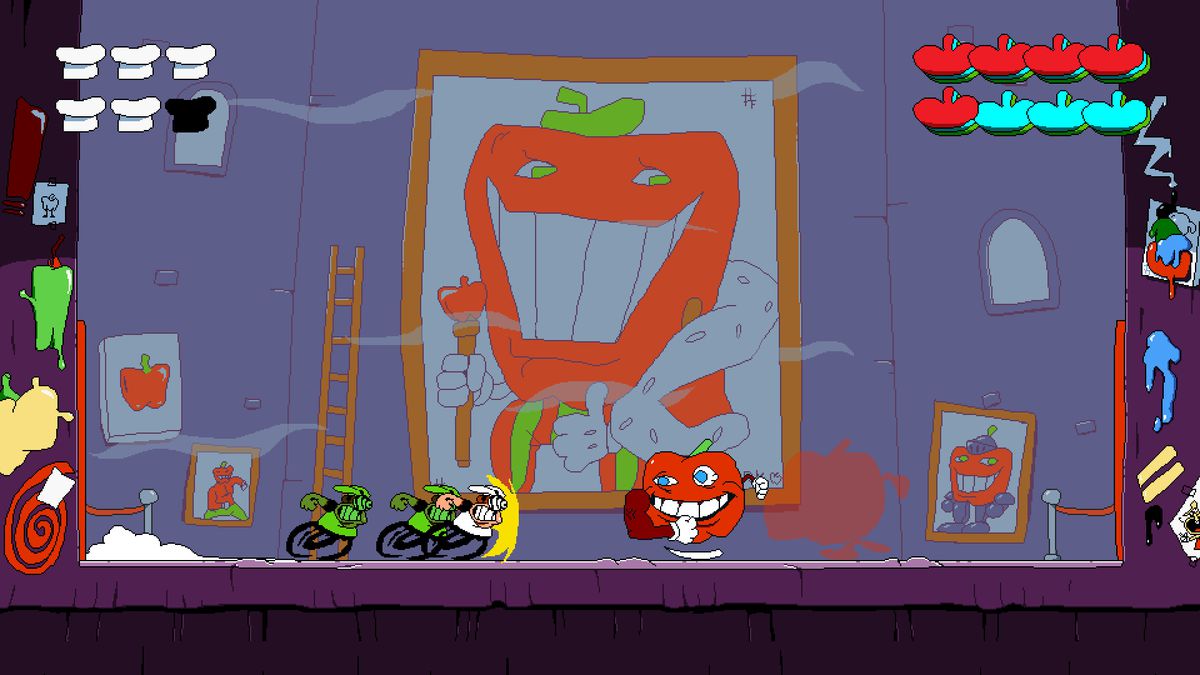Peppino Spagetti, Pizza Tower'ın ekran görüntüsünde domates patronuna saldırıyor