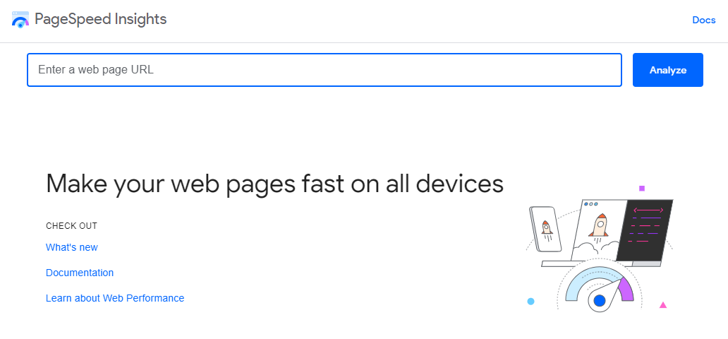 Page d'accueil de Google PageSpeed ​​Insights