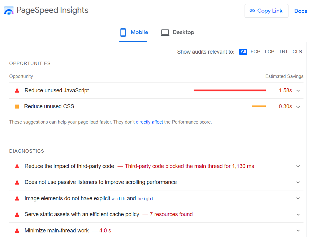 Opportunités de Google PageSpeed ​​Insights