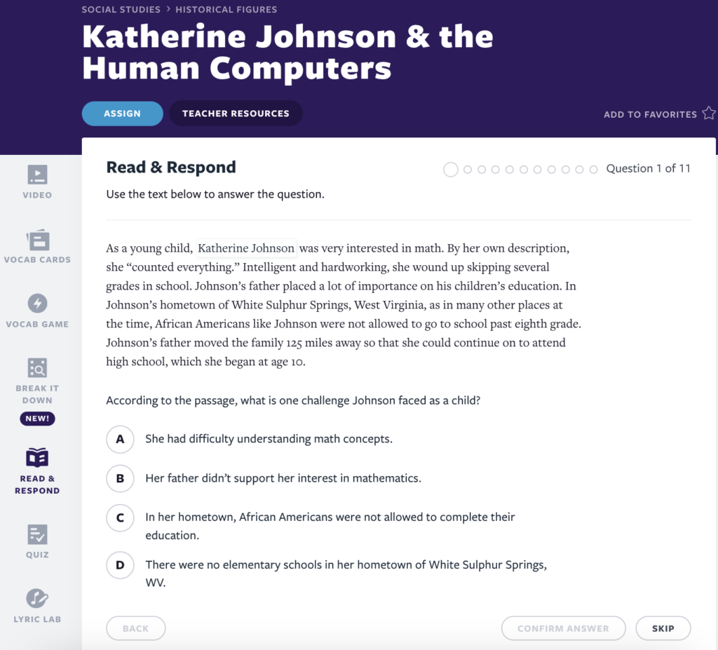 Katherine Johnson Read & Respond activity