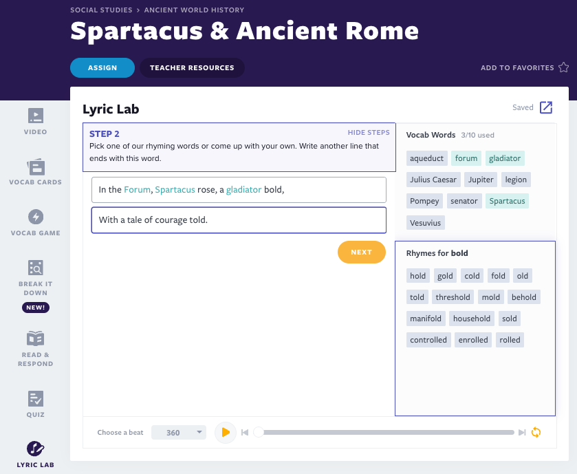 Cours Spartacus et Rome antique Activité Lyric Lab