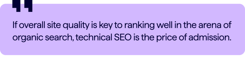 Image de citation stylisée. Le texte se lit comme suit : "Si la qualité globale du site est la clé d'un bon classement dans le domaine de la recherche organique, le référencement technique est le prix d'entrée."