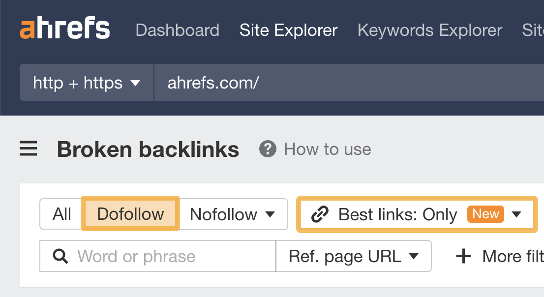 Filtern, um defekte Backlinks über den Ahrefs-Site-Explorer zu finden