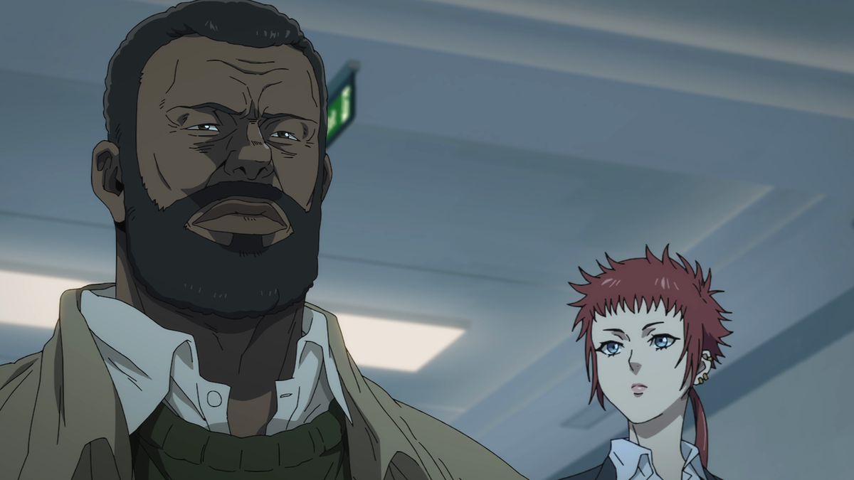 A close-up shot of a brown haired anime man and red haired anime woman standing in a white hallway.