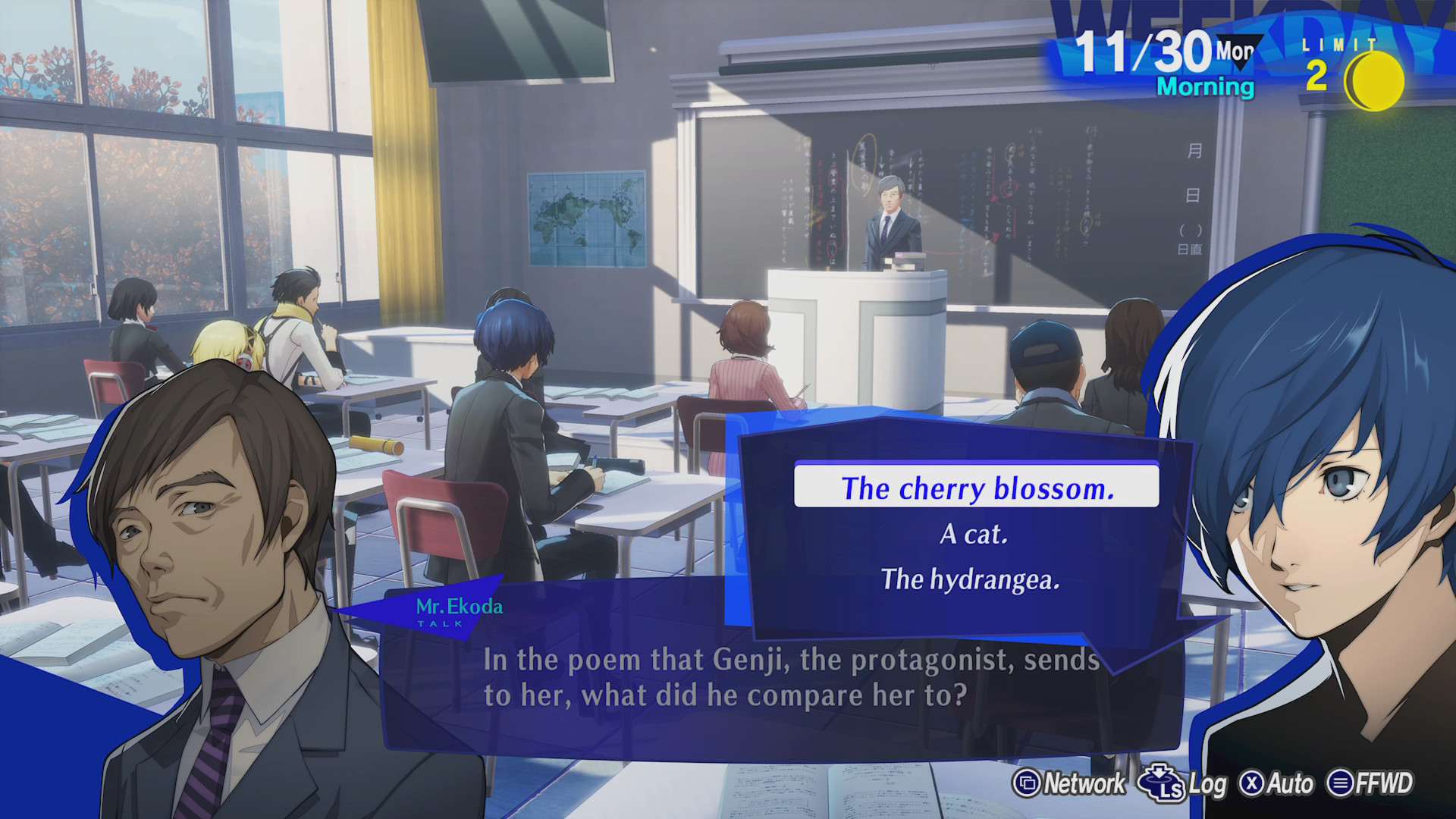 Nhân vật chính của Persona 3 Reload trả lời câu hỏi trong lớp