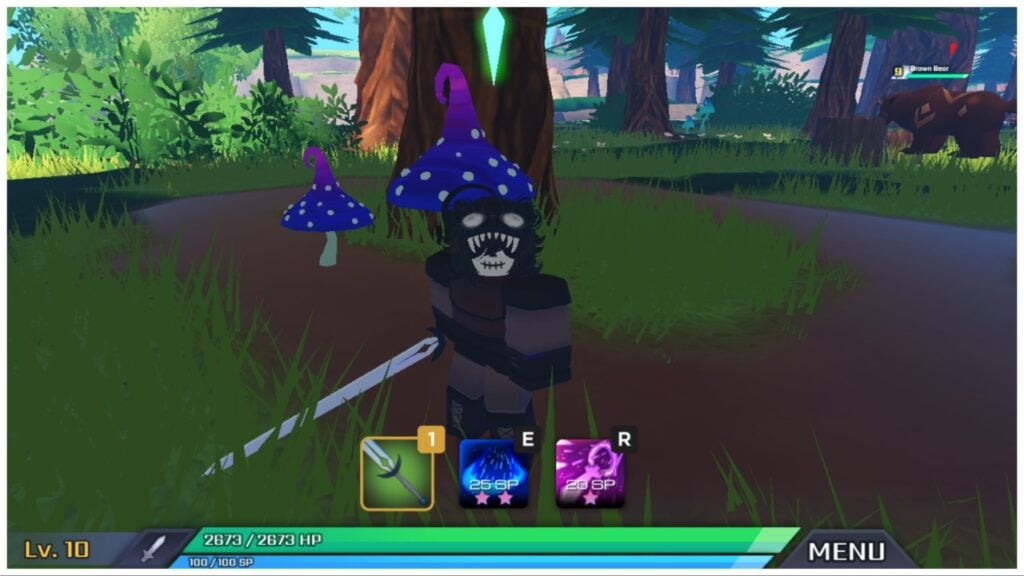 De afbeelding laat zien dat mijn avatar voor enkele gevlekte paddenstoelen in het berengebied stond, met een omvangrijk bruin pantser en trapsgewijze bomen die zich in de verte uitstrekken