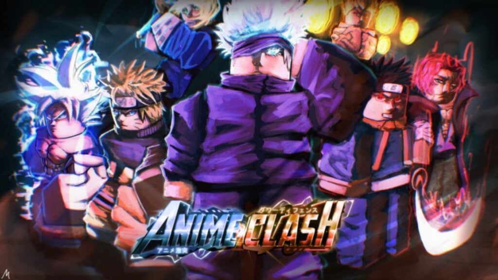 Anime Clash kodları kılavuzumuz için özellik görseli. Goku, Naruto, Gojo ve diğer birçok anime karakterinin bloklu formlarını içeren tanıtım sanatını gösterir.