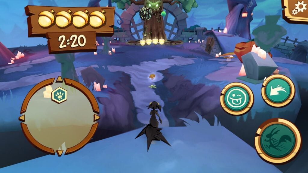 最高の Android パーティー ゲームの画像。 Acron: Attack Of The Squirrels のスクリーンショット。怪物の木に向かって走るリスを示しています。