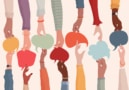 Illustration of many hands reaching for speech bubbles