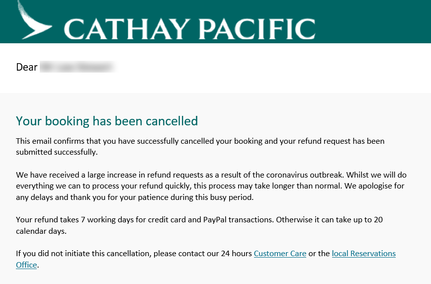 Esimerkki peruutussähköpostista Cathay Pacificilta
