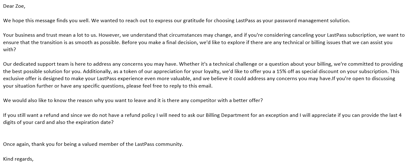 Ejemplo de correo electrónico de cancelación de LastPass