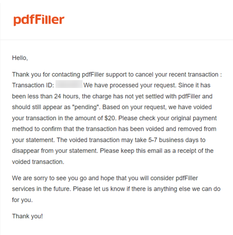 PDF filler cancellation email