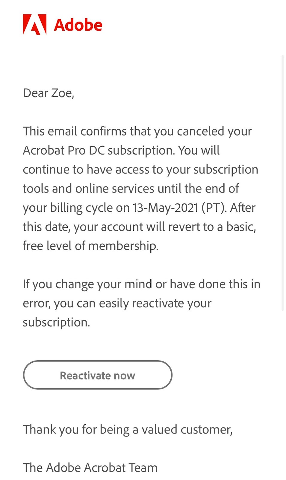 Ejemplo de correo electrónico de cancelación para Adobe Acrobat Pro DC