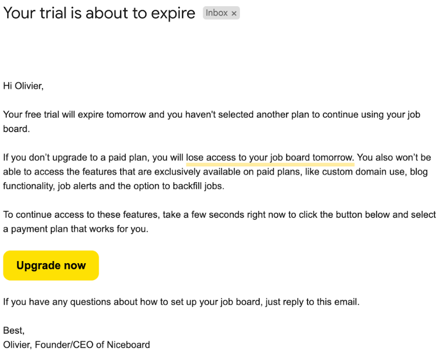 Voorbeeld van een e-mail voor het annuleren van een bestelling van Niceboard