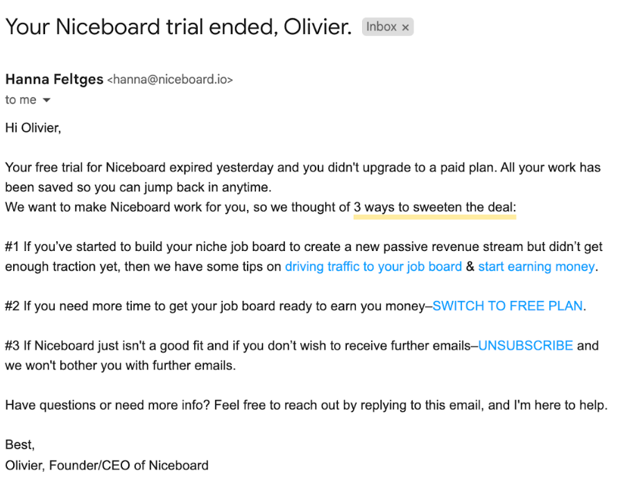 مثال على البريد الإلكتروني لإلغاء الطلب من Niceboard